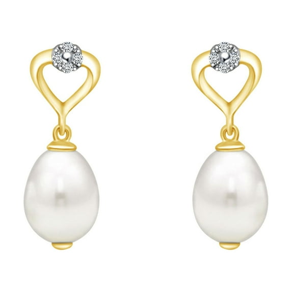 AFFY Round Shape White Natural Diamond Accent & Pearl 10k Solid Yellow Gold Drop Earrings