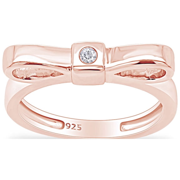 AFFY Round Shape White Natural Diamond Accent Ribbon Bow Ring In 14k Rose Gold Over Sterling Silver Ring Size-5