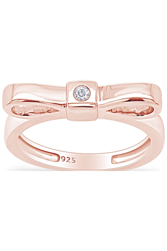 Round Shape White Natural Diamond Accent Ribbon Bow Ring In 14k Rose Gold Over Sterling Silver Ring Size-6