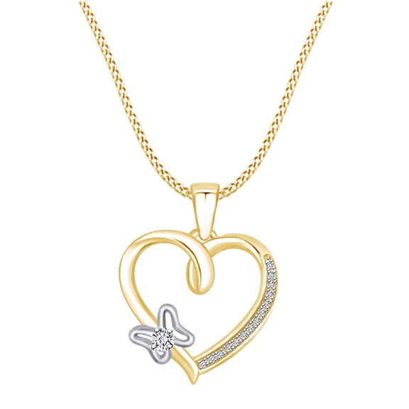 AFFY Round Shape White Natural Diamond Accents Heart with Butterfly Motif Pendant Necklace In 925 Sterling Silver