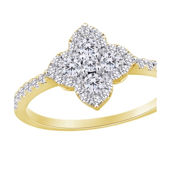 AFFY Round Shape White Natural Diamond Clovr Ring In 14k Yellow Gold (0.4 cttw) Ring Size-5