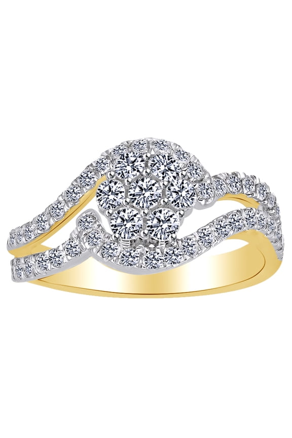 Round Shape White Natural Diamond Cluster Right Hand Ring In 10K Solid Yellow Gold (1 Cttw)