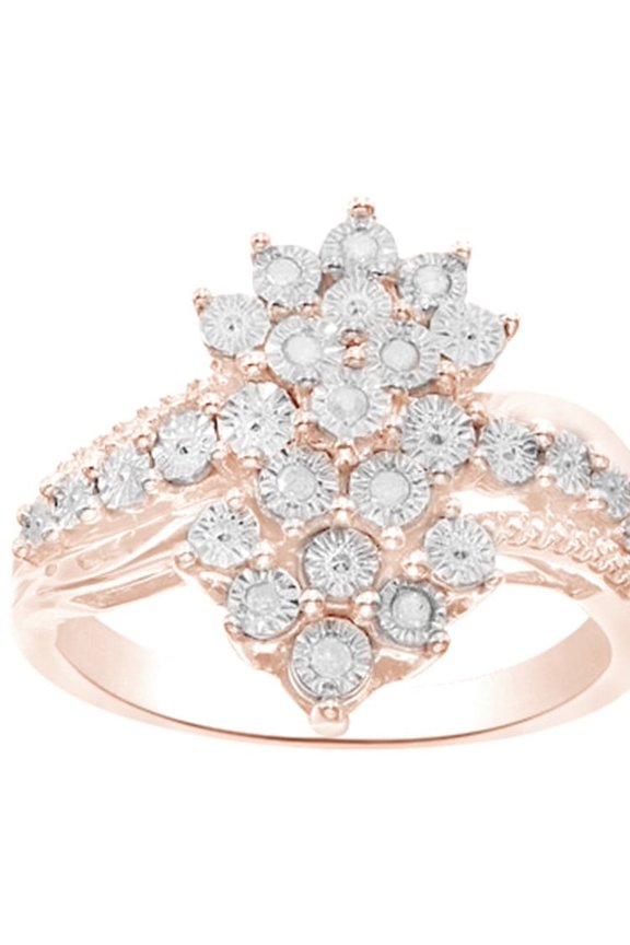 Round Shape White Natural Diamond Cluster Right Hand Ring In 14K Rose Gold Over Sterling Silver (0.1 Cttw)