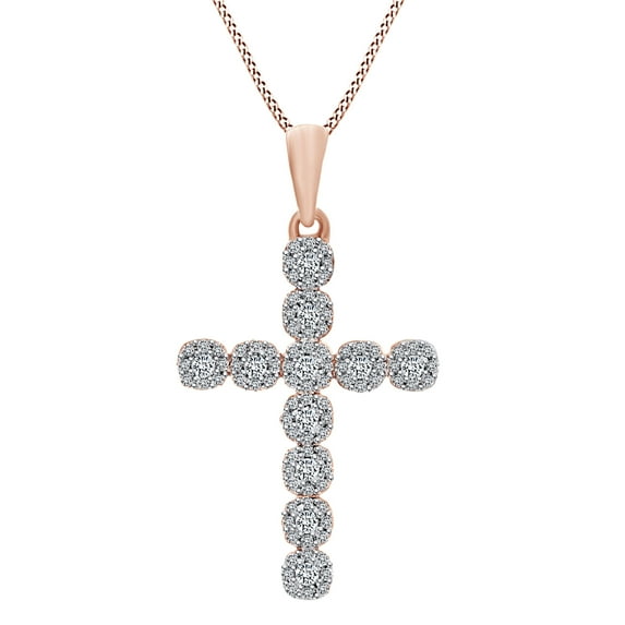 AFFY Round Shape White Natural Diamond Cross Pendant Necklace 10k Solid Rose Gold (0.75 Cttw)
