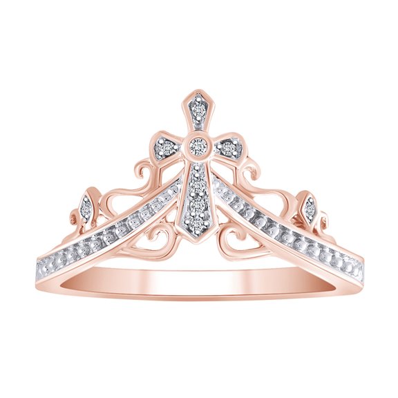 AFFY Round Shape White Natural Diamond Cross Queen Crown Ring In 14K Solid Rose Gold-Ring Size-5