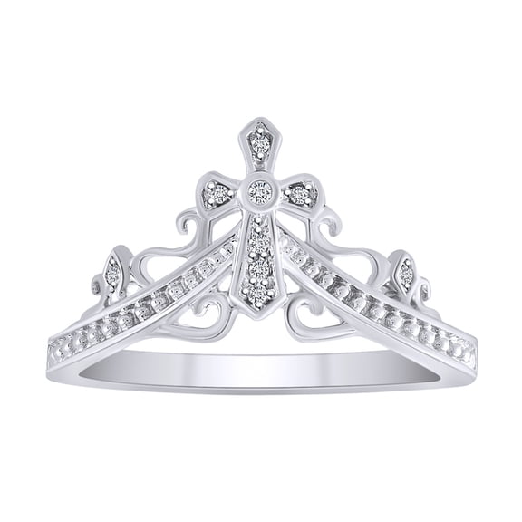 AFFY Round Shape White Natural Diamond Cross Queen Crown Ring In 14K Solid White Gold-Ring Size-9.5