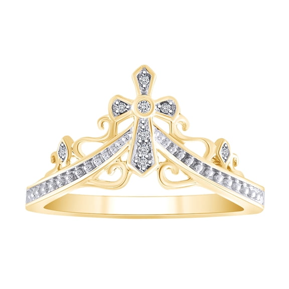 AFFY Round Shape White Natural Diamond Cross Queen Crown Ring In 14K Solid Yellow Gold-Ring Size-5