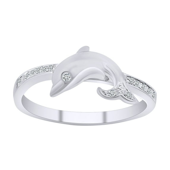 AFFY Round Shape White Natural Diamond Dolphin Band Ring In 10K Solid White Gold-Ring Size-7.5