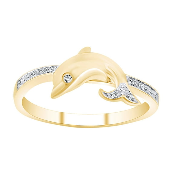 AFFY Round Shape White Natural Diamond Dolphin Band Ring In 10K Solid Yellow Gold-Ring Size-5.5