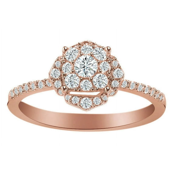 AFFY Round Shape White Natural Diamond Halo Cluster Style Engagement Ring In 10K Solid Rose Gold (0.5 Cttw) By