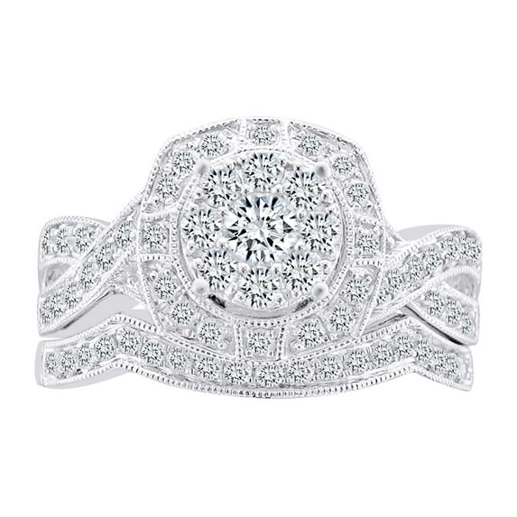 AFFY Round Shape White Natural Diamond Miligrain Engagement Bridal Ring Set In 14k Solid White Gold (1 cttw) Ring Size-10.5