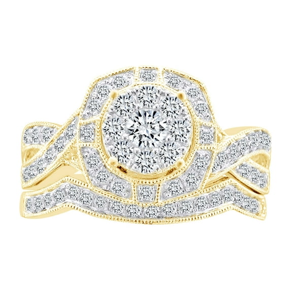 AFFY Round Shape White Natural Diamond Miligrain Engagement Bridal Ring Set In 14k Solid Yellow Gold (1 cttw) Ring Size-9.5