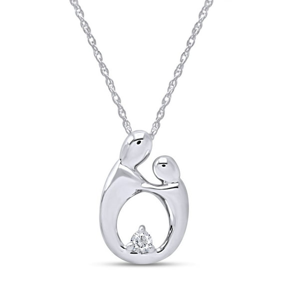 Round Shape White Natural Diamond Mother and Pendant Necklace in 14K White Gold Jewelry For Women With 18 Inch Rope Chain