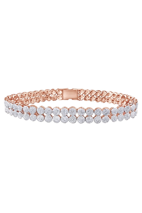 Round Shape White Natural Diamond Two Row Cluster Tennis Bracelet In 10K Rose Gold (4.83 cttw)-8.5"