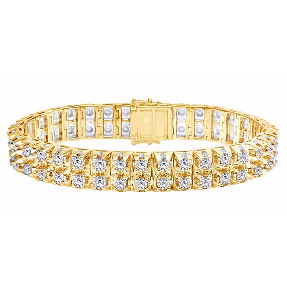 AFFY Round Shape White Natural Diamond Two Row Tennis Bracelet In 10k Yellow Gold (7.00 cttw)-7.5"