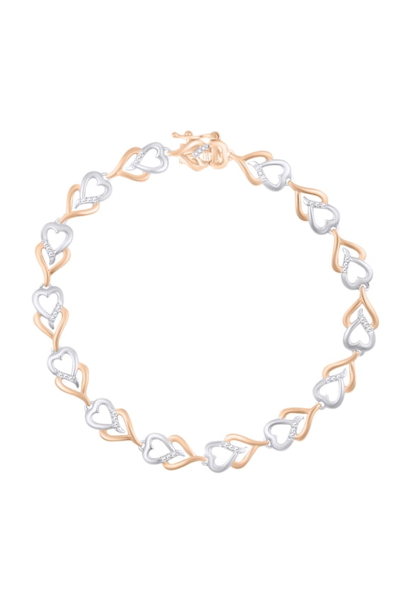 Round Shape White Natural Diamond Two Tone Heart Tennis Bracelet In 14k Rose Gold Over Sterling Silver (0.02 cttw)-7.5"