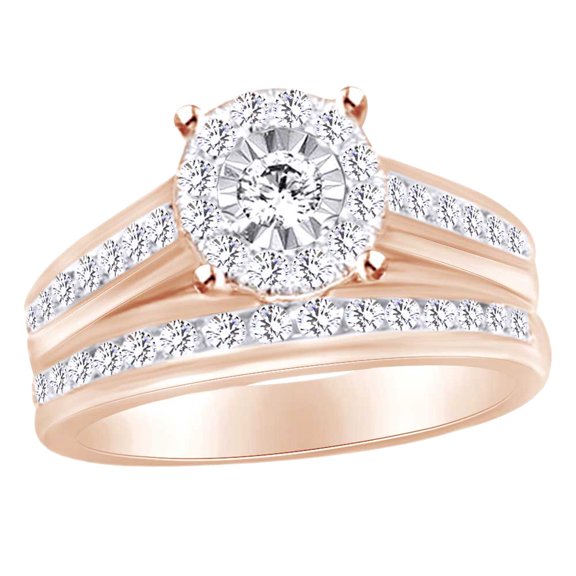 AFFY Round Shape White Natural Diamond Wedding Ring Set In 10k Rose Gold (1.25 cttw) Ring Size-12