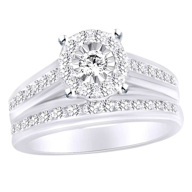 Round Shape White Natural Diamond Wedding Ring Set In 10k White Gold (1.25 cttw) Ring Size-4