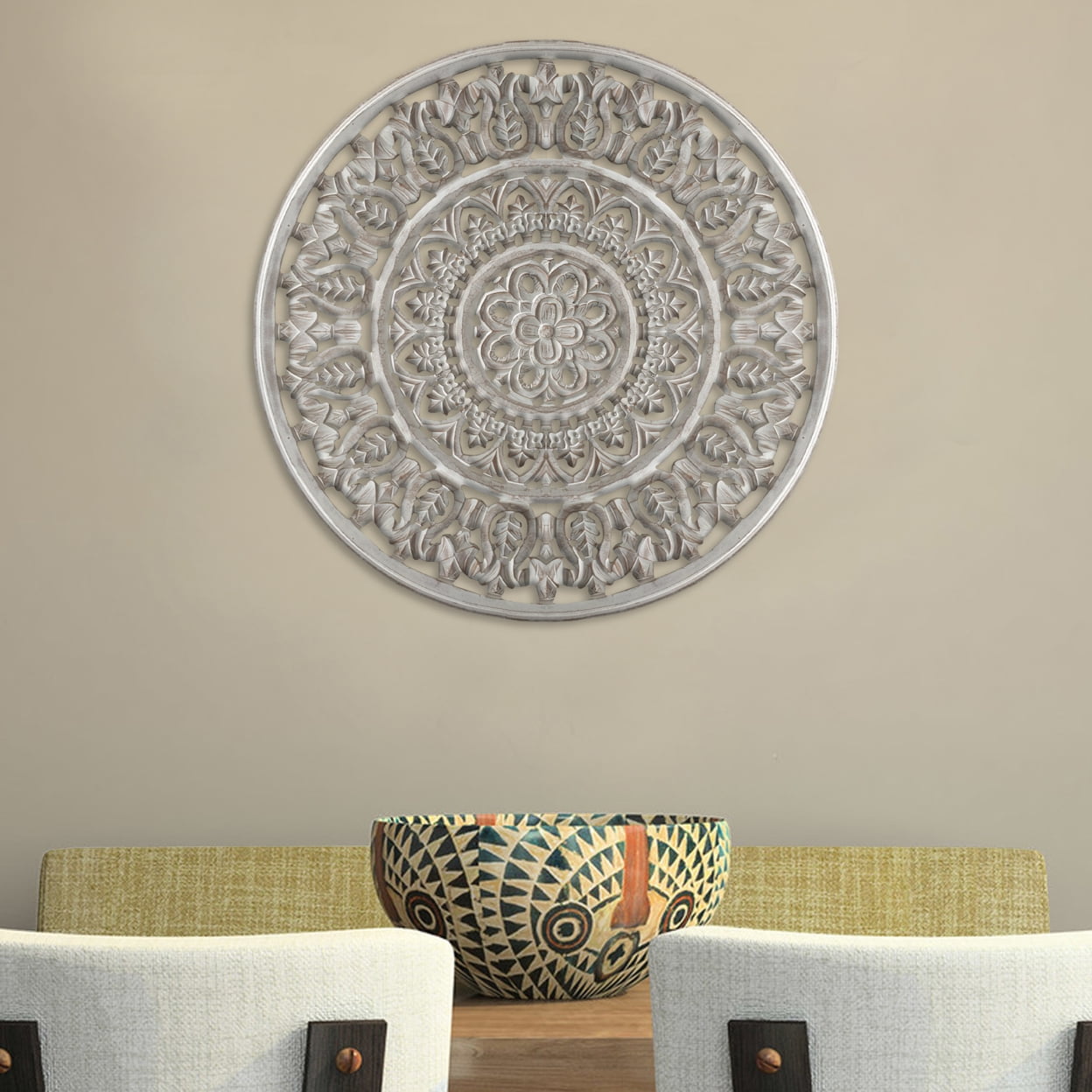 Wall Panelling Rounded Round Shape Wooden Wall Panel with Ornate Carvings, Washed White ...