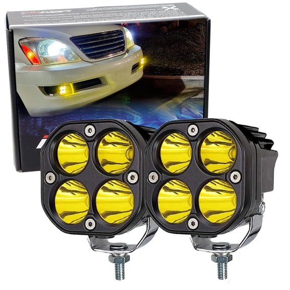 Round Shape Yellow LED Pod Fog Light Kit For 2003-2009 Lexus GX470, Includes (2) Yellow Lens 20W High Power LED Cubes, Bumper Mounting Brackets & On/Off Switch Wiring