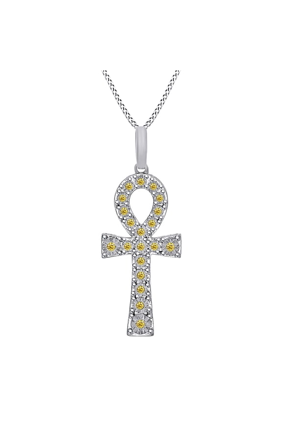 Round Shape Yellow Natural Diamond Ankh Cross Pendant Necklace 10k Solid White Gold (0.18 Cttw)