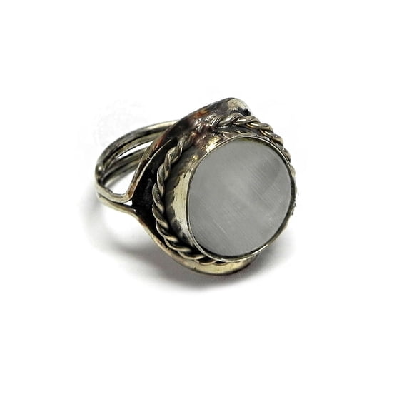 Round Shaped Cat's Eye Glass Bead Cabochon Silver Metal Border Adjustable Ring - Womens Fashion Handmade Jewelry Boho Accessories
