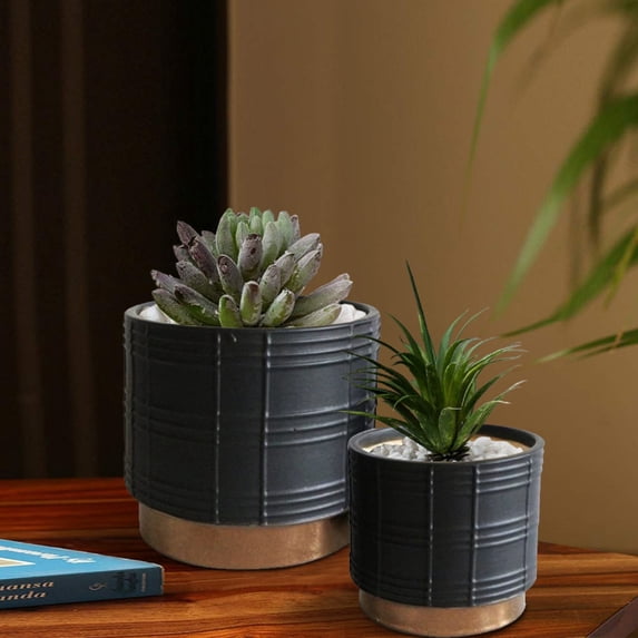 Round Shaped Ceramic Planters with Stable Base, Set of 2, Black- Saltoro Sherpi