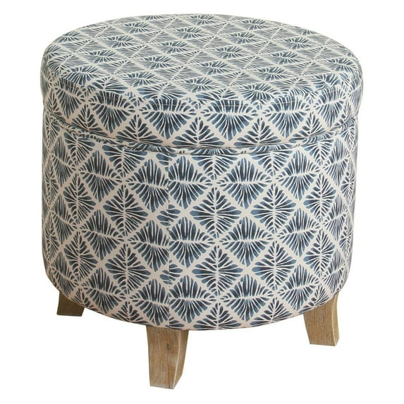 Round Shaped Fabric Upholstered Wooden Ottoman with Lift Off Lid Storage Blue and White - Saltoro Sherpi