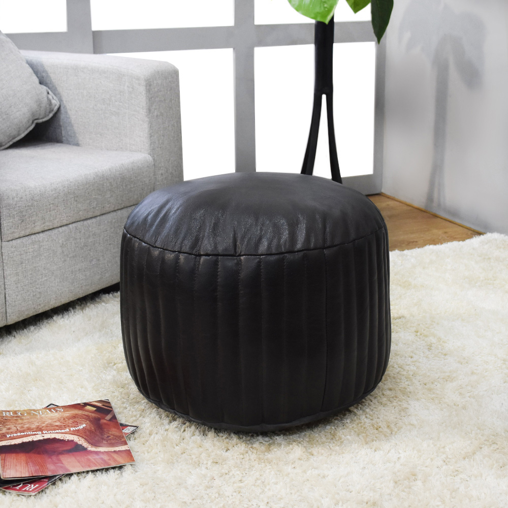 Round Shaped Goat Leather Handmade Eco-Friendly Black Pouf - Round ...
