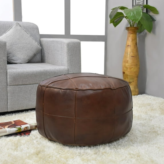 Round Shaped Goat Leather Handmade Eco-Friendly Brown Pouf - Round Shape Pouf, 14" x 14"x 14", Plain Solid Pouf, Goat Leather Pouf, Recycled Cotton Fill Stuffed Pouf, Leather Seating Pouf