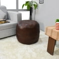 thumbnail image 1 of Round Shaped Goat Leather Handmade Eco-Friendly Brown Pouf - Round Shape Pouf, 18" x 18" x 18", Plain Solid Pouf, Goat Leather Pouf, Recycled Cotton Fill Stuffed Pouf, Leather Seating Pouf, 1 of 5