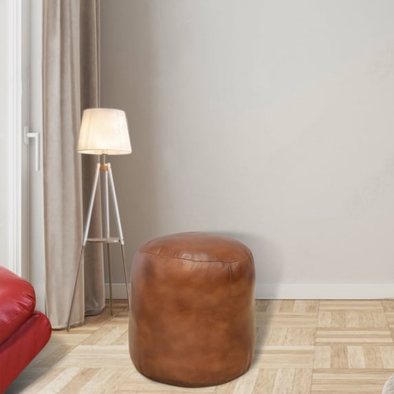 Round Shaped Goat Leather Handmade Eco-Friendly Light brown Pouf - Round Shape Pouf, 14"x14"x14", Plain Solid Pouf, Goat Leather Pouf, Recycled Foam with Fibre Fill Stuffed Pouf, Leather Seating Pouf