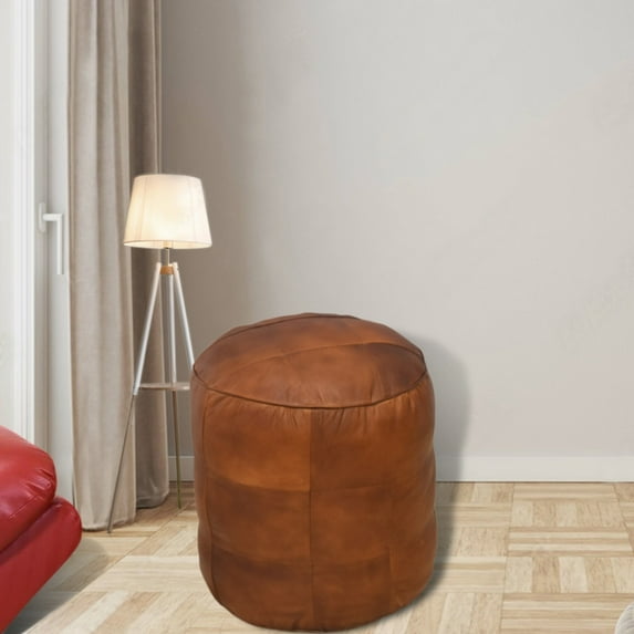 Round Shaped Leather Handmade Eco-Friendly Cognac Pouf - Round Shape Pouf, 18" x 18" x 18", Geometric Pouf, Leather pouf, Recycled Foam with Fibre Fill Stuffed Pouf, Leather Seating Pouf