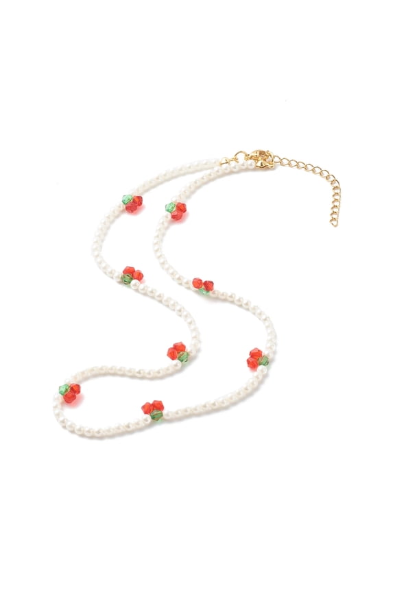 Round Shell Pearl Cherry Beaded Necklaces with Bicone Transparent Acrylic Beads White 16.53 inch(42cm) for DIY
