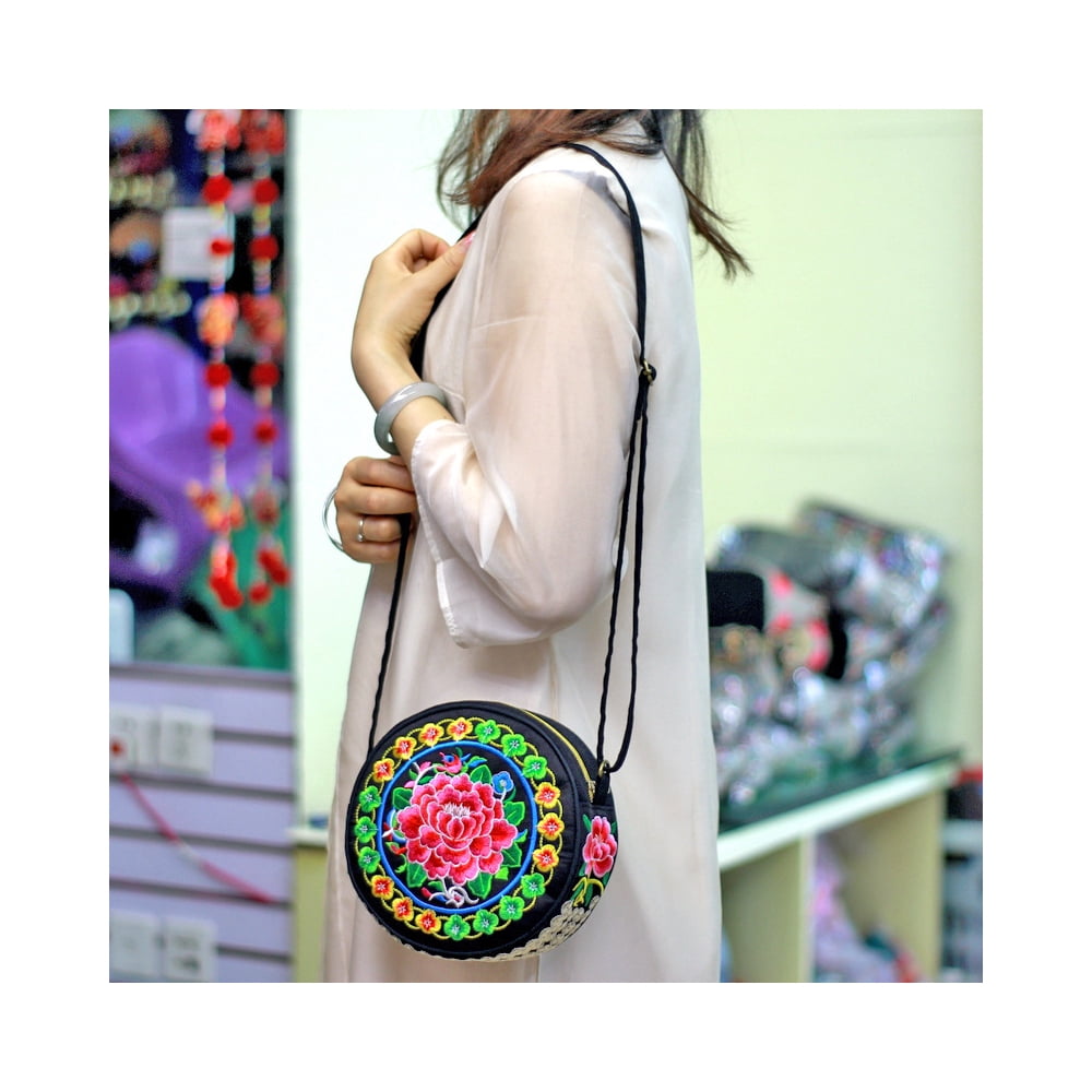 Round Shoulder Bag Handmade Ethnic Embroidered Colorful Floral Handbags