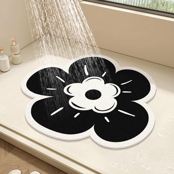 Round Shower Mat Flower Bath Mat for Inside Shower,PVC Loofah Bathroom Floor Mat,Non-Slip Bathmat Anti Mould(Black,50x50cm)