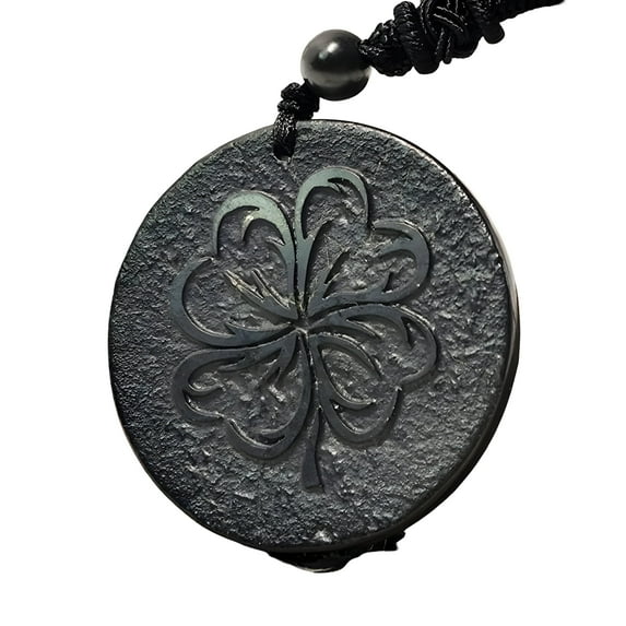 Round Shungite Pendant | Healing Spiritual Natural Black Crystal Jewelry Pendant | Sacred Symbol Amulet Necklace for Meditation & Unisex (Four Leaf Clover)