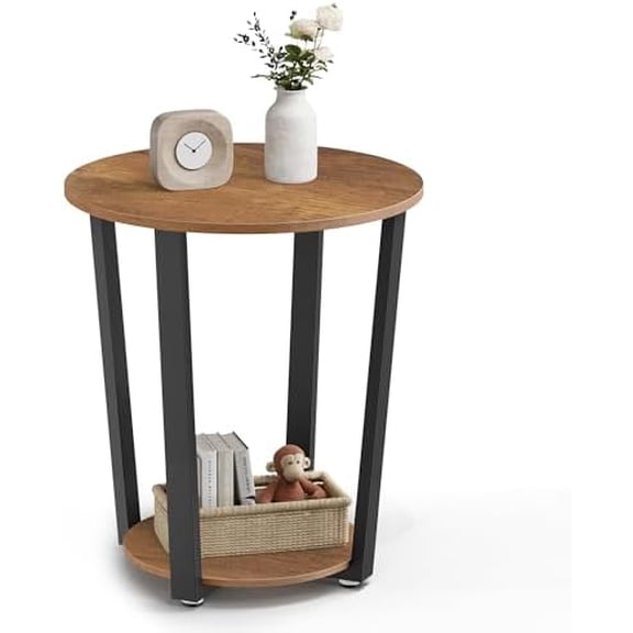 Round Side End Table, 2-Tier Accent Bedside Table with Storage Shelf, Easy Assembly, Nightstand for Small Spaces, Living Room, Bedroom, Honey Brown and Ink Black ULET057KB01S