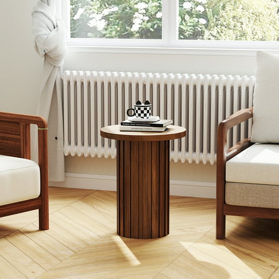 Round Side End Table 22" Tall Fluted Small End Table for Small Spaces, Modern Farmhouse Wooden Accent Table Small Drink Table for Living Room Bedroom(Walnut)