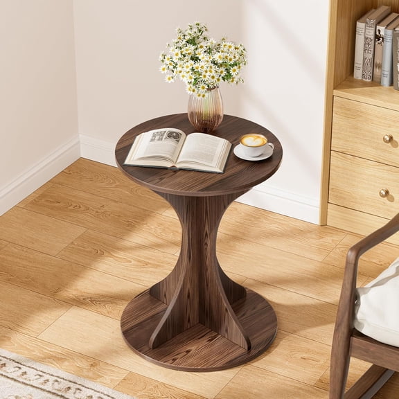 Round Side End Table - Wood Accent Coffee Table for Living Room, Modern Circle Nightstand with Pedestal for Small Spaces Bedroom Sofa, Vintage Corner Couch Bedside Table (Rustic Brown)