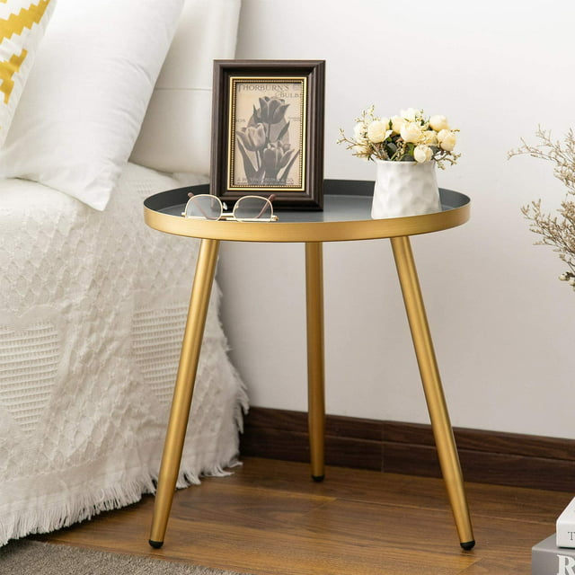 Round Side Metal Table, Tea Sofa Table for Living Room Bedroom,Anti-Rust and Waterproof, Black