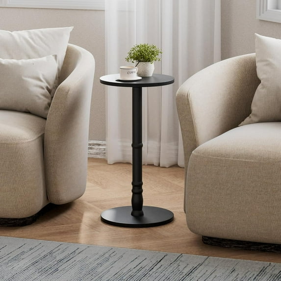 Round Side Table, 100% Solid Rubber Wood Pillar, Small Drink Table for Small Spaces, Sturdy Base, Easy Assembly, Modern Accent End Table for Living Room, Bedroom, Sofa & Office, Black