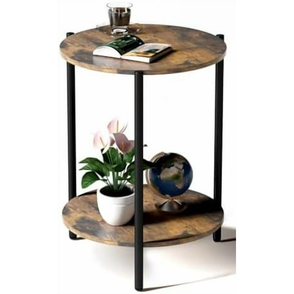 Round Side Table, 2-Tier Circle End Tables with Storage Wood Rustic 15.75" Small End Tables Farmhouse Side Table for Living Room Bedroom Balcony Small Spaces - Walnut