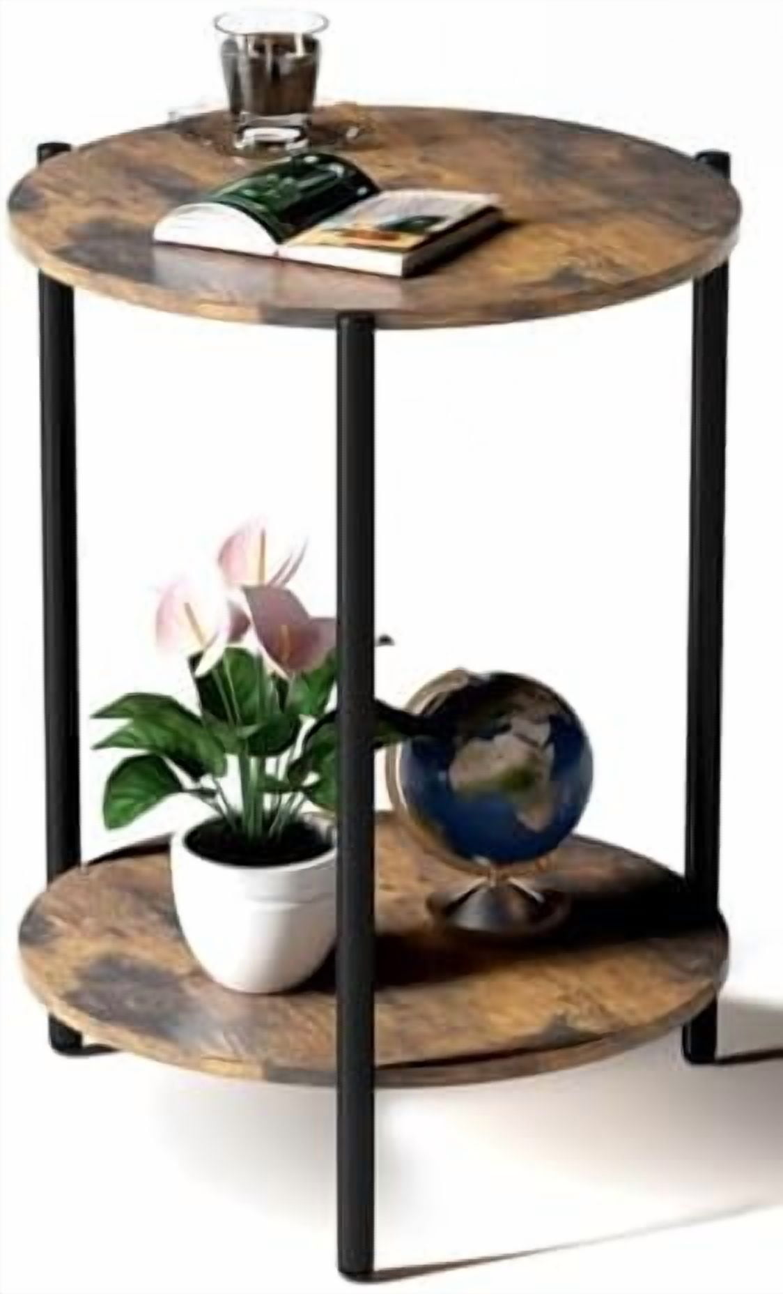 Round Side Table, 2-Tier Circle End Tables with Storage Wood Rustic ...