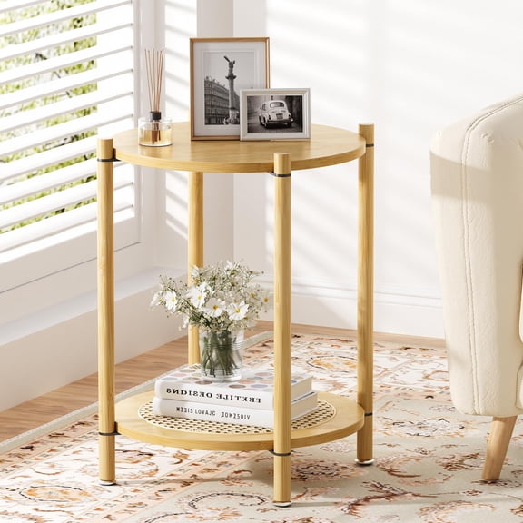 Round Side Table 2-Tier – Farmhouse Wood End Table with Rattan Shelf, Nightstand for Small Spaces, Living Room, Bedroom