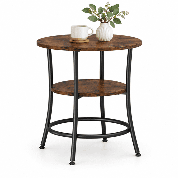 Round Side Table, 2-Tier Modern End Table with Storage Shelves, Industrial Accent Nightstand Telephone Table for Living Room Bedroom Small Spaces