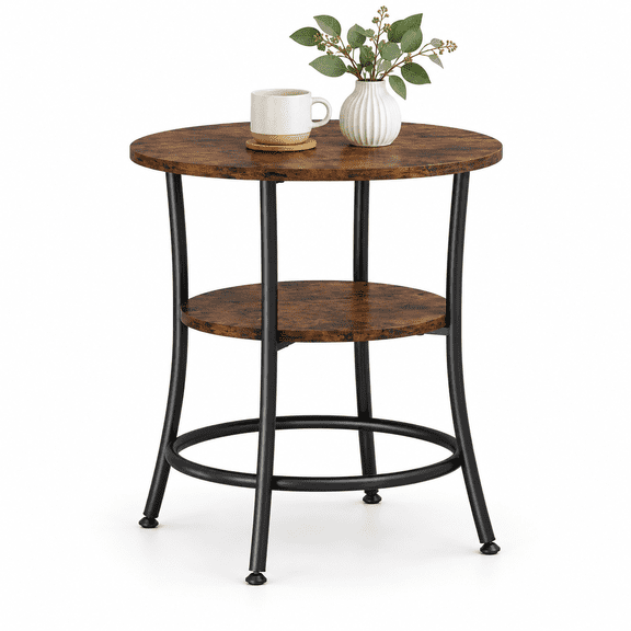 Round Side Table, 2-Tier Modern End Table with Storage Shelves, Industrial Accent Nightstand Telephone Table for Living Room Bedroom Small Spaces