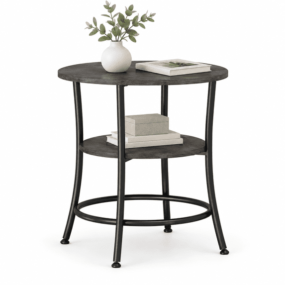 Round Side Table, 2-Tier Modern End Table with Storage Shelves, Industrial Accent Nightstand Telephone Table for Living Room Bedroom Small Spaces