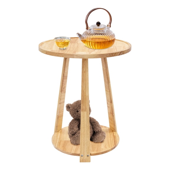 Round Side Table 2 Tier Wood End Table with Lower Shelf Modern Couch Accent Table Small Coffee Table for Living Room Bedroom Patio 19.6" Wx23.6 H (Log Color)