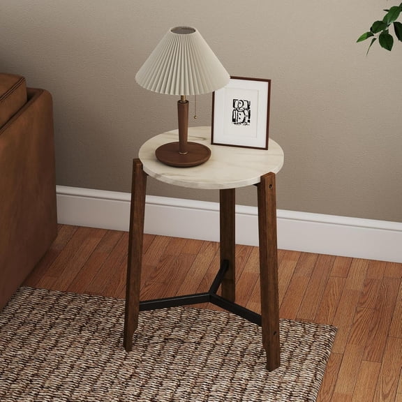 Round Side Table, 22.5" End Accent Table with Solid Wood Leg, White Marble Texture Tabletop, Metal Beam, Round Nightstand for Small Spaces/Living Room/Bedroom, White